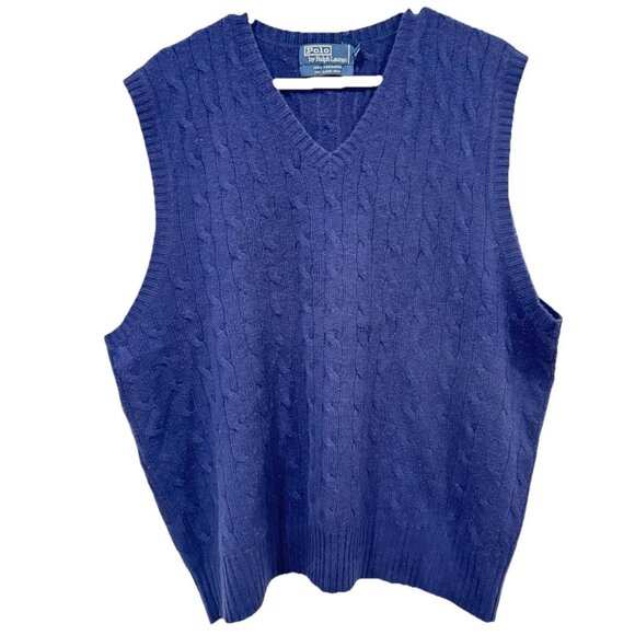 Men’s Polo Ralph Lauren Cable Knit‎ Vest 100% Cashmere XXL 2XL Blue Vneck - Picture 3 of 9